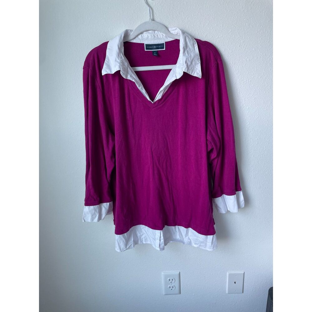 Preppy layered collared shirt 3X Karen Scott 2 in 1 magenta cotton top
